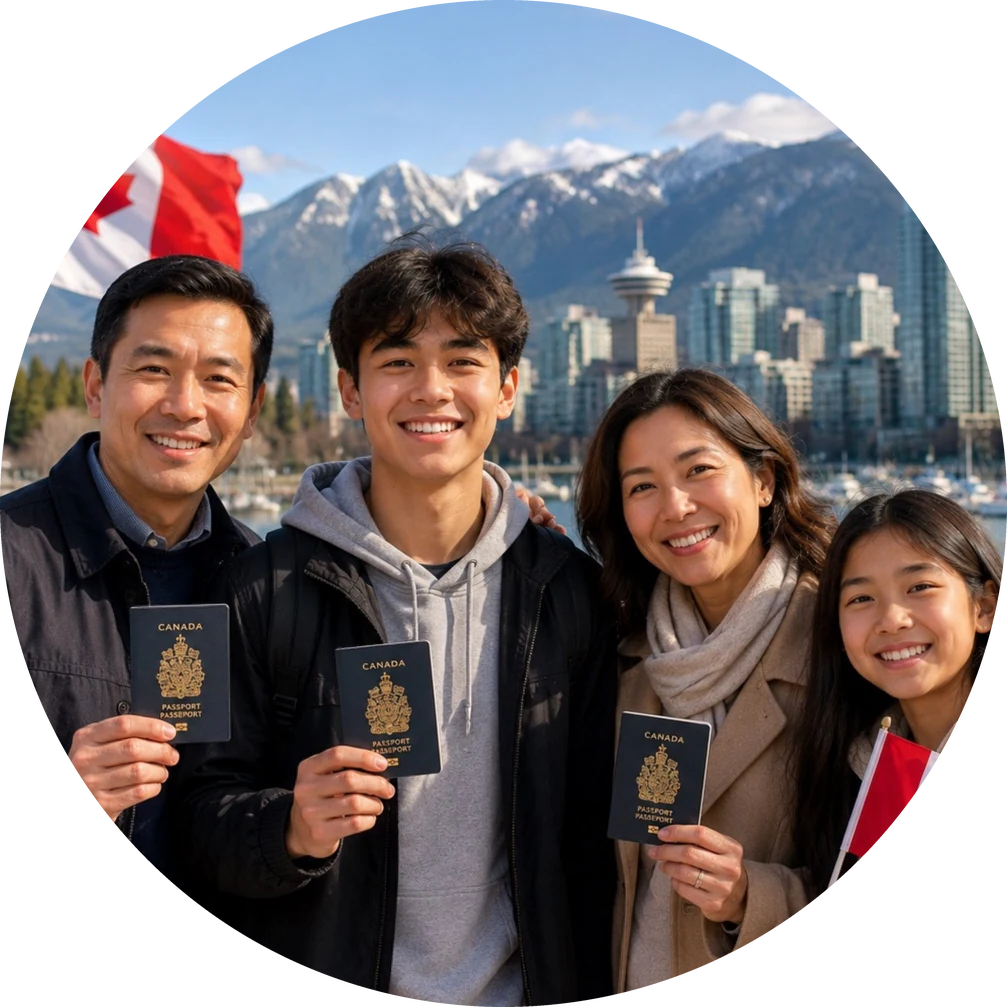 A family holding Canadian passports with the Vancouver skyline and North Shore mountains behind them