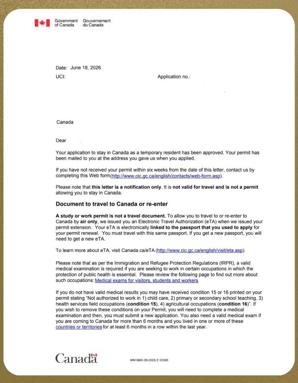 Redacted Government of Canada visa approval letter