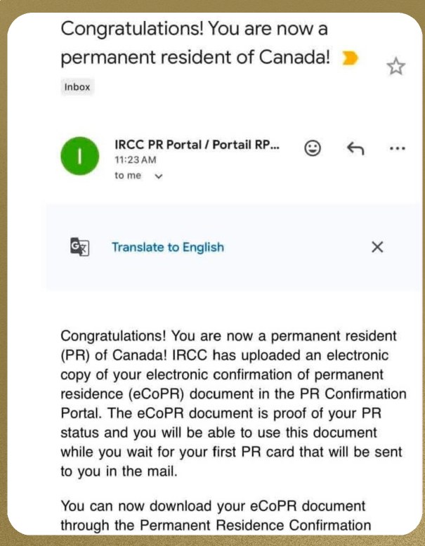 IRCC email confirming permanent resident status