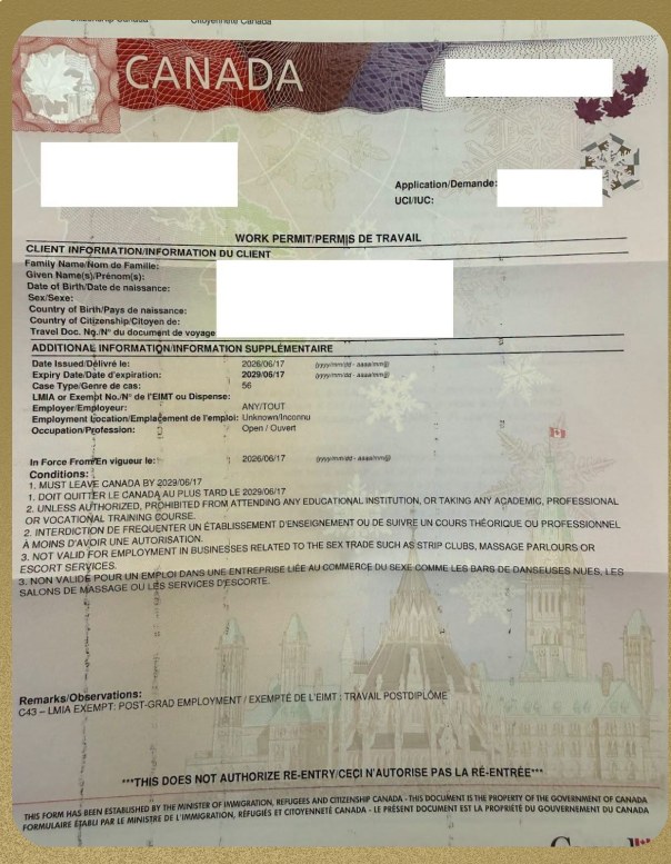 Redacted Canadian work permit document